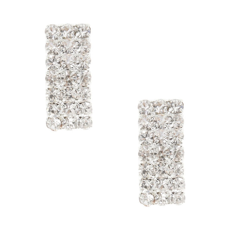 Silver Crystal Rectangle Clip Earring 